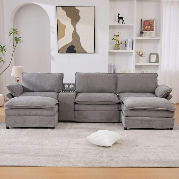 Armandel Modern 124 in. Pillow Top Arms Chenille Upholstered U-Shaped Sectional Sofa in. Gray with Ottomans, Cup Holders