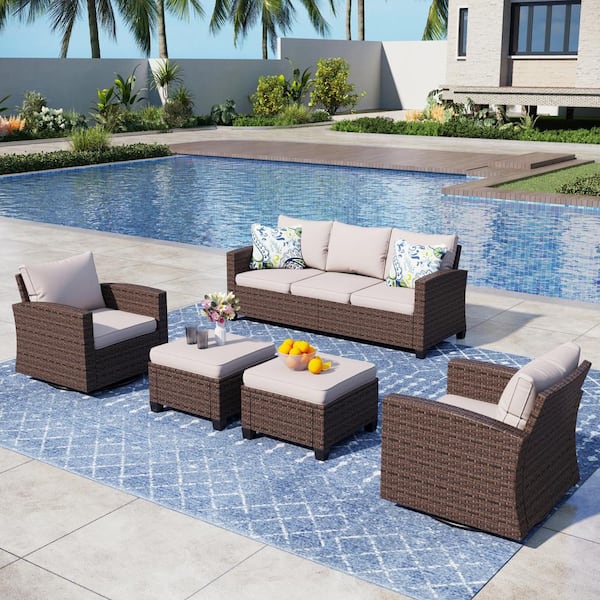 Brown Rattan Wicker 7 Seat 5-Piece Steel Outdoor Patio Conversation Set with Beige Cushions,2 Swivel Chairs,2 Ottomans