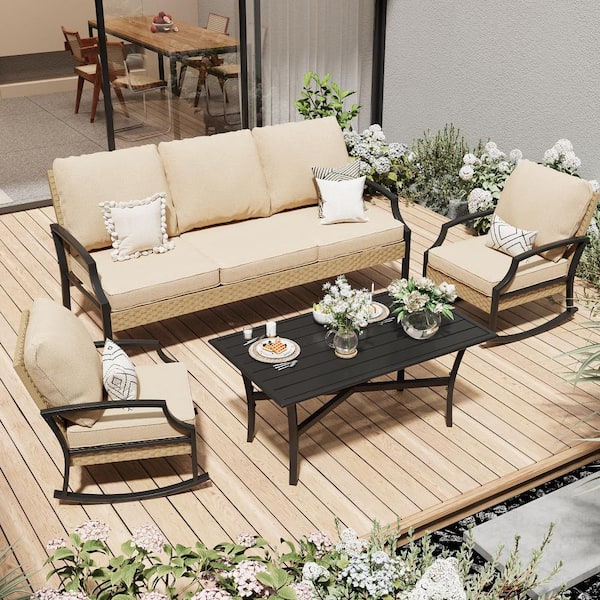 4 Piece Outdoor Patio Rattan Furniture Set with Rocking Chair and Coffee Table, Beige