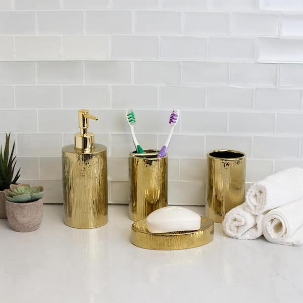 Home Basics High Gloss Textured Ceramic Modern 4-Piece Bath Accessory Set in Gold