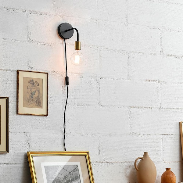 Holden 1-Light Matte Black Plug-In or Hardwire Wall Sconce with Matte Brass Socket