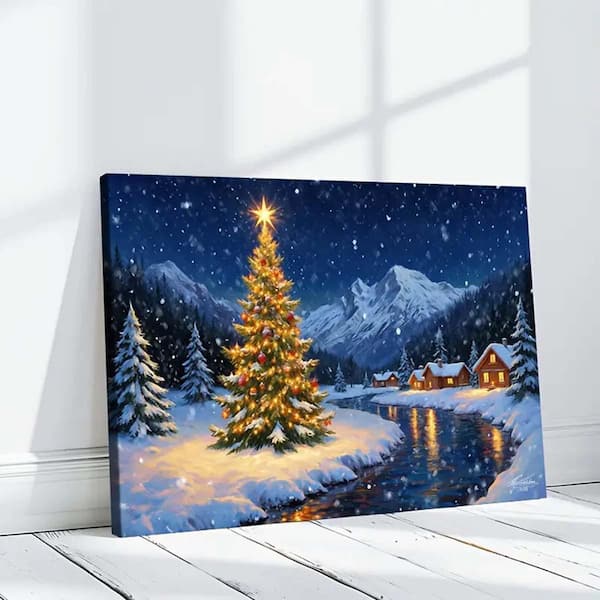 Christmas Tree with Winter Village Scene, 20*30, Snowy Mountains