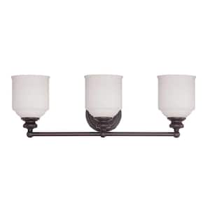 Melrose 24 in. W x 7.75 in. H 3-Light English Bronze Bathroom Vanity Light with White Glass Shades