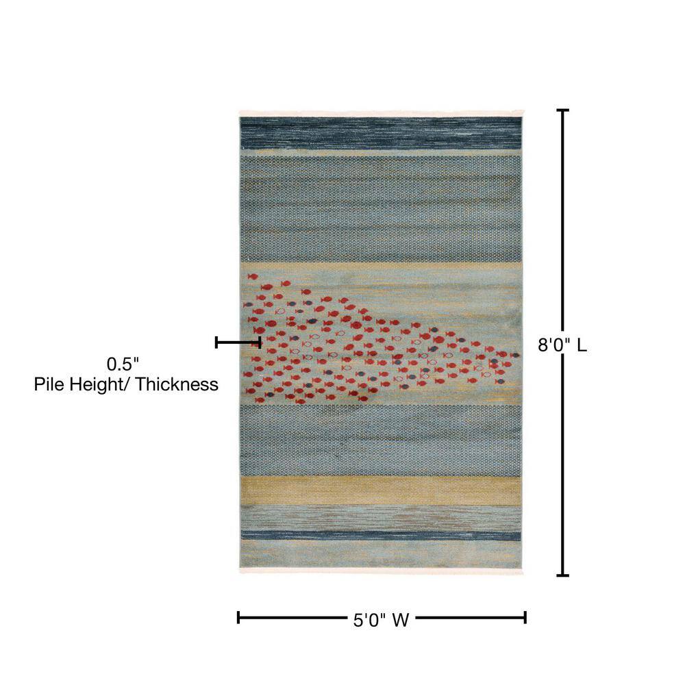 Blue and Beige Striped Synthetic 5' x 8' Area Rug