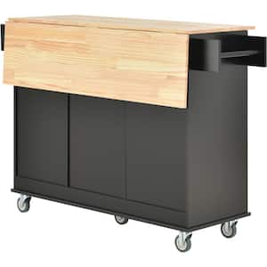 52.7 in. W x 17.71 in. D x 36.81 in. H Black Rolling Mobile Kitchen Island with Solid Wood Top and Locking Wheels