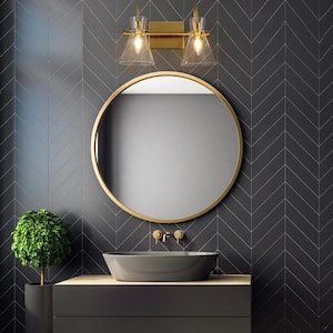 Modern Gold Bathroom Vanity Light, 2-Light Bell Minimalist Powder Wall Sconce Light with Seeded Glass Shades