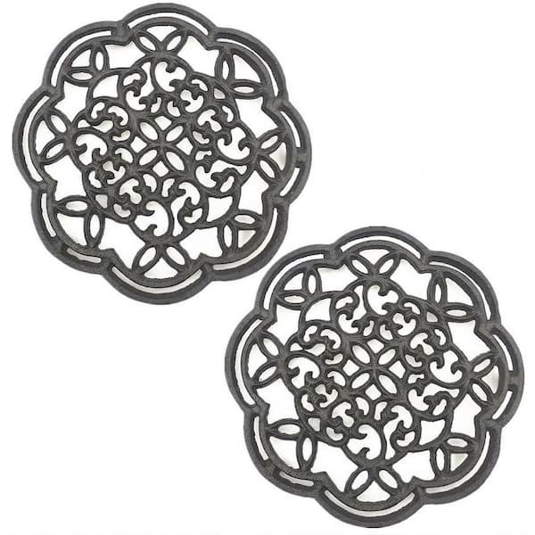 Farmhouse Black Cast Iron 2-Pack Round Trivet Rustproof Hot Pot Holder Rack with Rubber Pegs for Kitchen