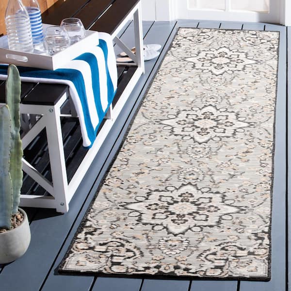 Sunrise Gray/Beige Black 2 ft. x 8 ft. Floral Medallion Reversible Indoor/Outdoor Runner Rug