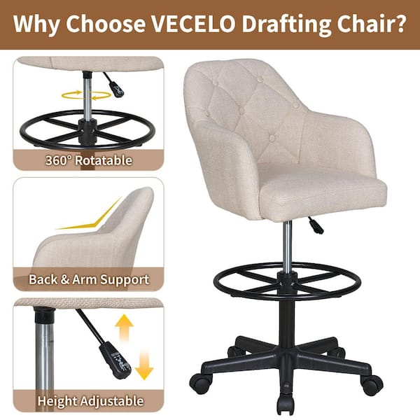 VECELO Premium Beige Swivel Drafting Chair with Adjustable Height