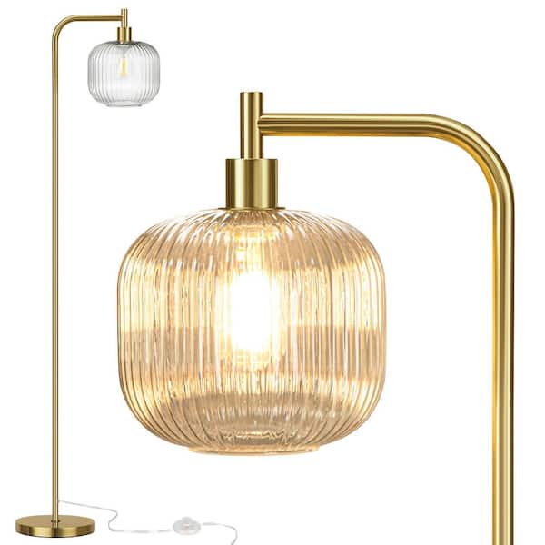 67 in. Modern Brushed Gold Standing Arc Floor Lamp for Living Room Standing Lamp w/Clear Ribbed Glass Shade Pedal Switch