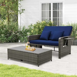 2-Piece Wicker Outdoor Day Bed Set Loveseat Sofa with Ottoman and Retractable Side Tray and Navy Cushions