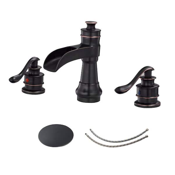 BWE 8 in. Waterfall Widespread 2-Handle Bathroom Faucet With Pop-up Drain Assembly in Oil Rubbed Bronze