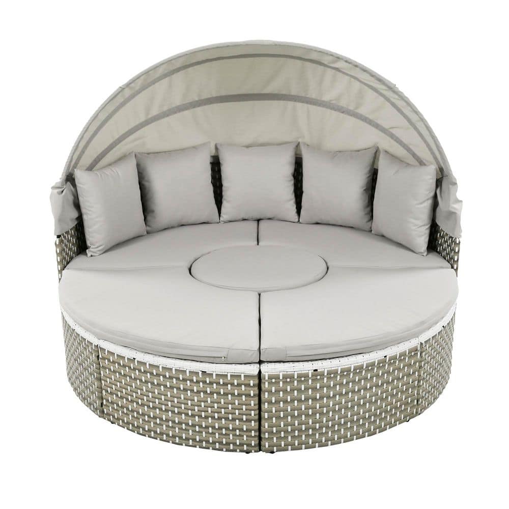 Round Gray Wicker Outdoor Sectional Set and Day Bed with Gray Cushion and C