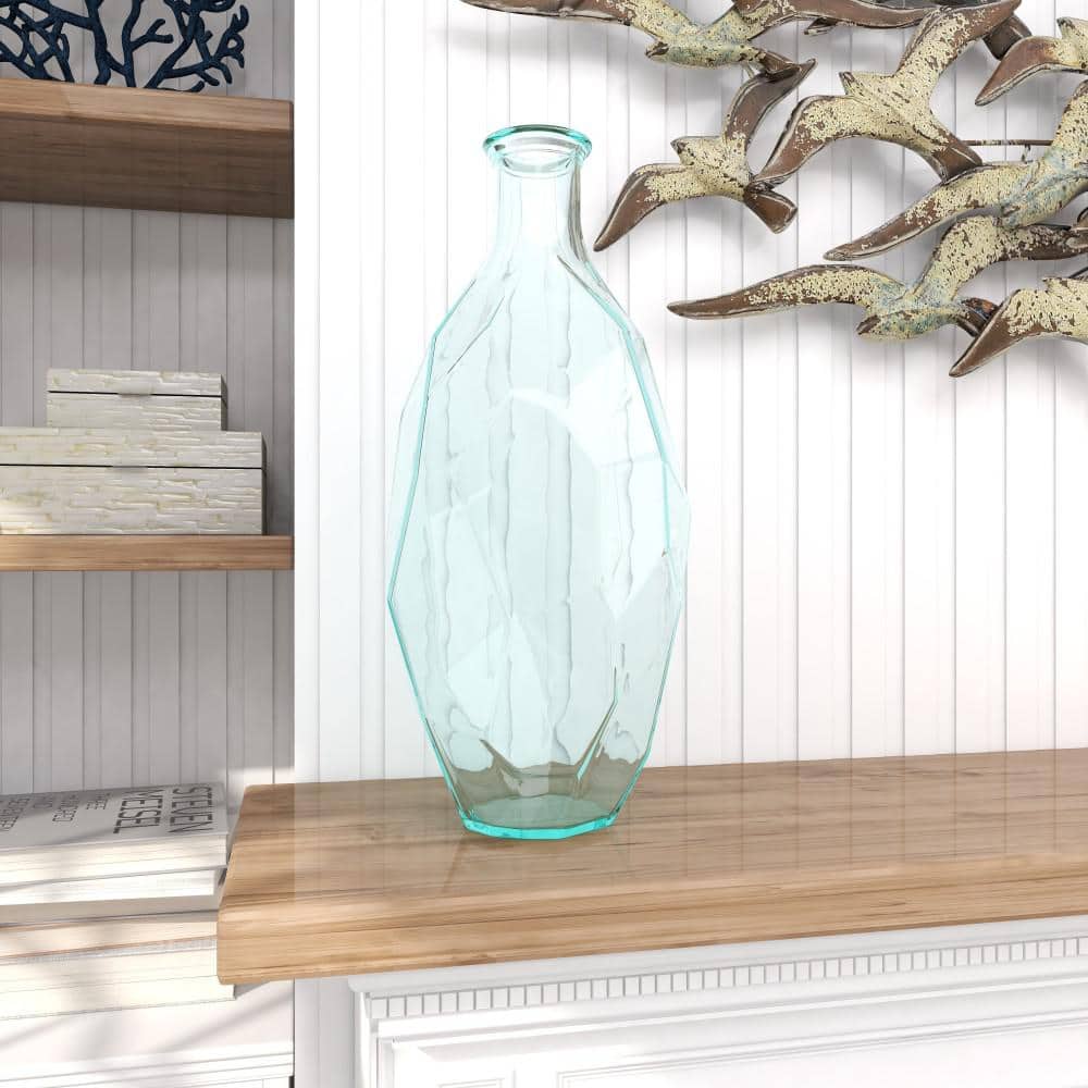 Clear Aquamarine Geometric Recycled Glass Decorative Vase, 23"