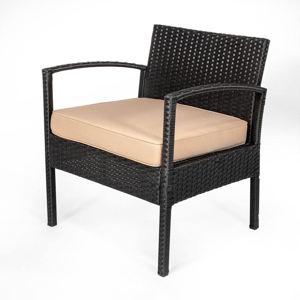 Black Steel Frame 3-Piece Patio Set with Beige Cushions and Glass Table