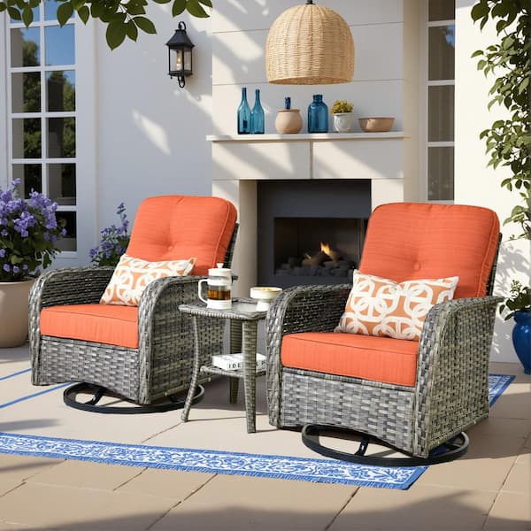Gray 3-Piece Wicker Outdoor Rocking Chair with Orange Red Cushions and Side Table, Swivel Base for Patio, Porch, Garden