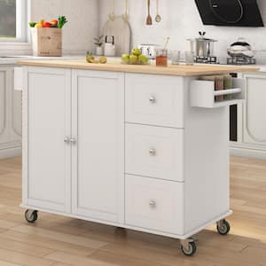 White Drop Leaf Rubberwood Countertop 53 in. Kitchen Island with Adjustable Shelves