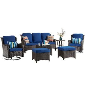 Maroon Lake Brown 7-Piece Wicker Patio Conversation Seating Sofa Set with Navy Blue Cushions and Swivel Rocking Chairs