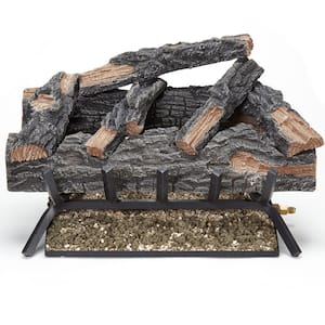 Natural Gas Fireplace Log Set Vented Charred Fire Logs Grate Dual Burner 24 in 
