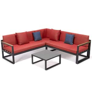 Chelsea Black 3-Piece Metal Outdoor Sectional with Red Cushions