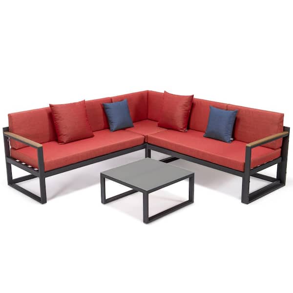 Leisuremod Chelsea Black 3-Piece Metal Outdoor Sectional with Red Cushions