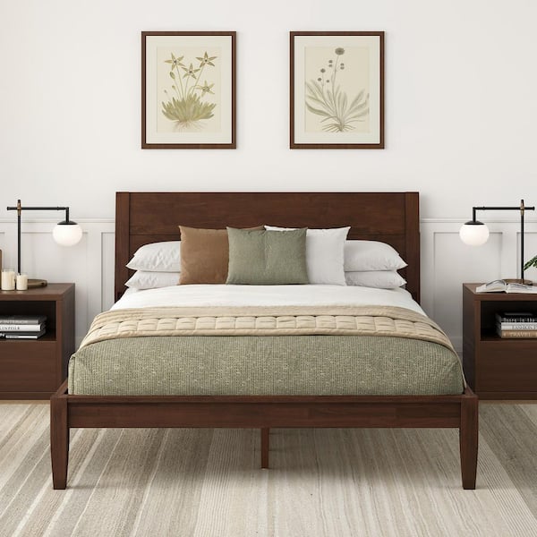 OrangeOne Minimalist Modern Dark Walnut Brown Wood Bed Frame Queen