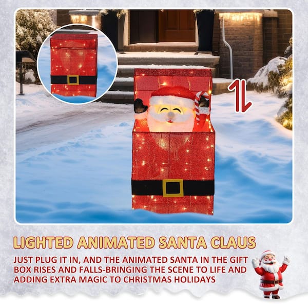 27 in. 3D Animated Santa Claus in Gift Box Outdoor Christmas Yard Decoration Warm White LED Lights