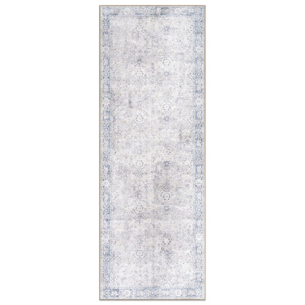 World Rug Gallery Amber Blue 2 ft. 6 in. x 7 ft. Transitional Bordered Vintage Machine Washable Non Slip Runner Rug