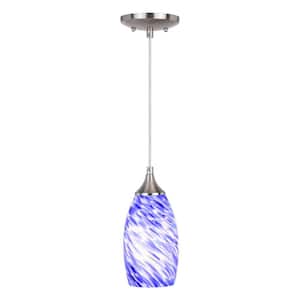 Milano 1-Light Satin Nickel Mini Pendant Ceiling Light with Blue Swirl Art Glass
