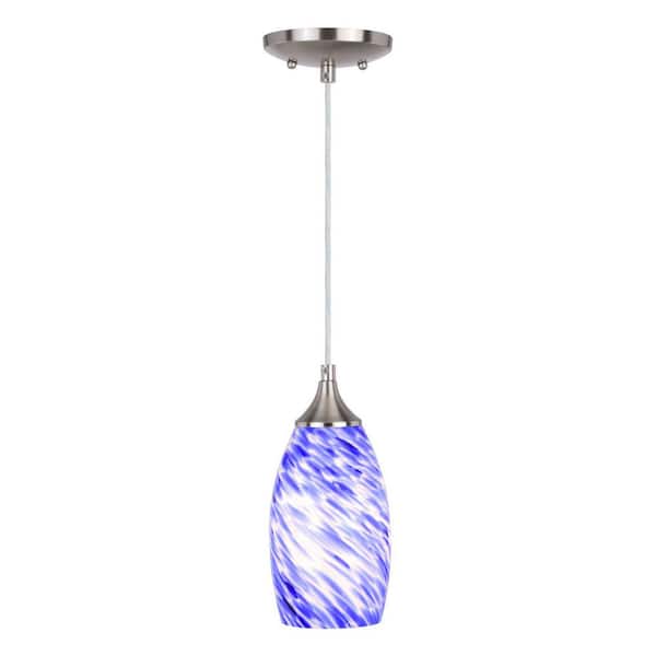 VAXCEL Milano 1-Light Satin Nickel Mini Pendant Ceiling Light with Blue Swirl Art Glass