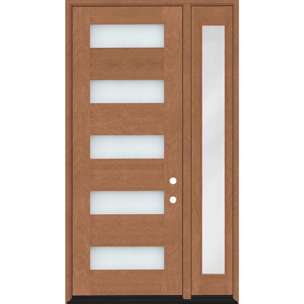 Steves & Sons Regency 53 in. x 96 in. 5L Modern Frosted Glass LH AutumnWheat Stain Mahogany Fiberglass Prehung Front Door w/14in.SL