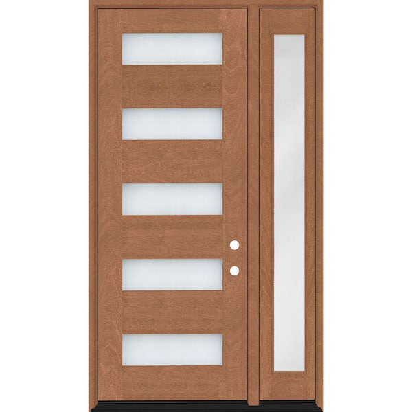 Regency 53 in. x 80 in. 5L Modern Clear Glass LHIS AutumnWheat Stain Mahogany Fiberglass Prehung Front Door w/14 in. SL