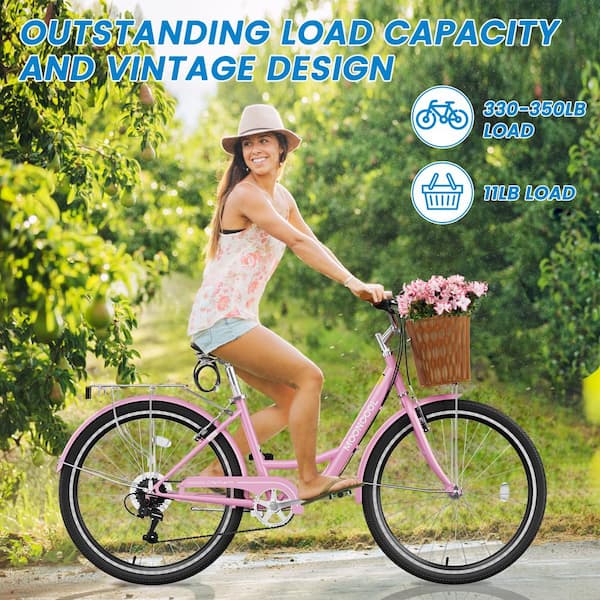 Beach Cruiser Bike for Adult 2-Wheel 26 in. 7 Speed Commute Bike Cruiser Bike with Basket and Rack, Pink