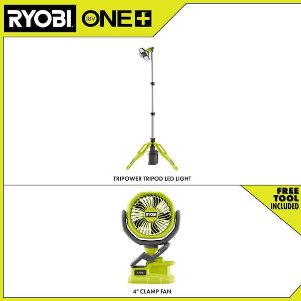 Hybrid Tri-Power Tripod Light with ONE+ 18V Cordless 4 in. Clamp Fan (Tools Only)