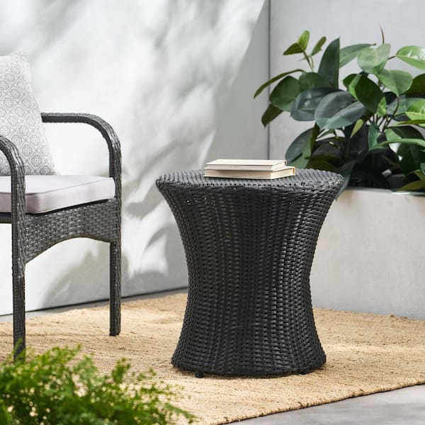 Harper & Bright Designs Hourglass Black Round Wicker Outdoor Side Table, Suitable for Garden Patio Backyard, No Assembly Required