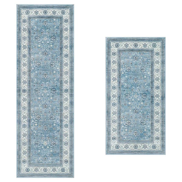 Finley Blue/White 2 ft. x 6 ft. Woven Oriental Polyester 2-Piece Set Area Rug