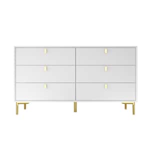 White 6-Drawers 55.1 in. Width Classic Wooden Dresser, Chest of Drawers, Storage Cabinet with Golden Legs and Handles