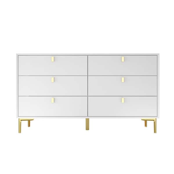 FUFU&GAGA White 6-Drawers 55.1 in. Width Classic Wooden Dresser, Chest of Drawers, Storage Cabinet with Golden Legs and Handles