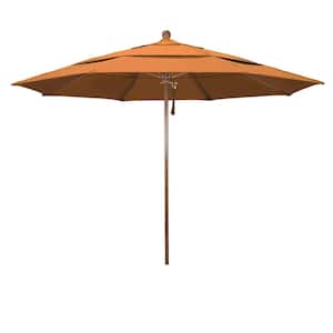 11 ft. Woodgrain Aluminum Commercial Market Patio Umbrella Fiberglass Ribs and Pulley Lift in Tuscan Sunbrella