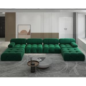 138.5 in. Straight Arm 6-Piece Velvet U-Shaped Modular Sectional Sofa with Ottoman in Green