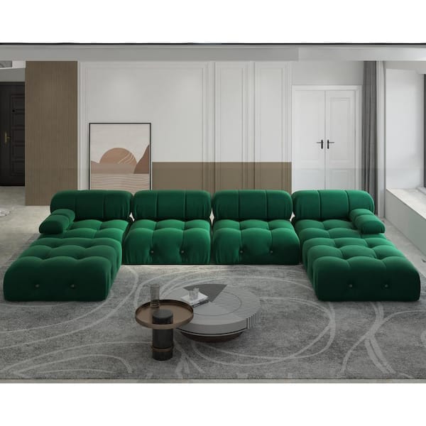 J&E Home 138.5 in. Straight Arm 6-Piece Velvet U-Shaped Modular Sectional Sofa with Ottoman in Green