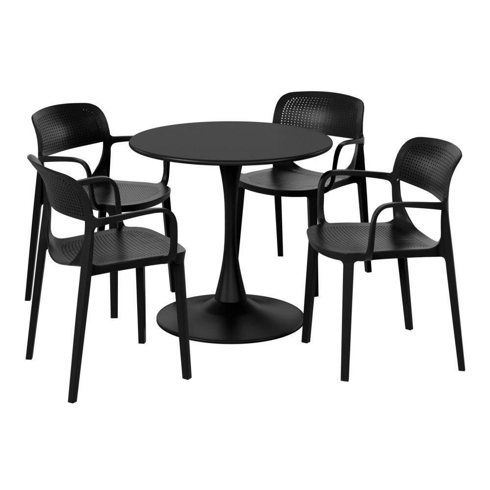 Frond and Form Outdoor Patio Modern 5-Piece Round HDPE Plastic Dining Table Set with Stackable Chairs, Black