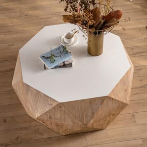 38 in. Natural Octagon MDF 3-dimensional Embossed Pattern Design American Retro Style Coffee Table, White Tabletop