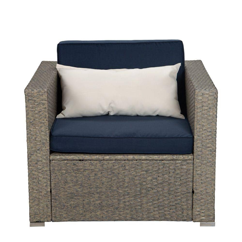 Gray 1-Piece PE Rattan Wicker Outdoor Sectional Sofa with Navy Cushion and 