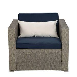 Gray 1-Piece PE Rattan Wicker Outdoor Sectional Sofa with Navy Cushion and Beige Pillow