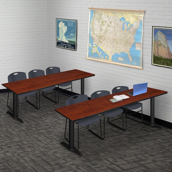 Cain 84 in x 24 in. Cherry T-Base Training Seminar Table Desk and 3 Zeng Stack Chairs-Black