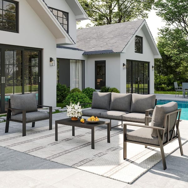 Poteban Gray Aluminum Frame 4-Piece 5-Person Outdoor Conversation Set with Gray Cushions