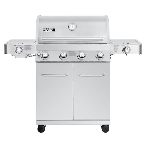 Monument Grills 4-Burner Propane Gas Grill in Stainless with Clear View  Lid, LED Controls, Side and Sear Burners 35633 - The Home Depot