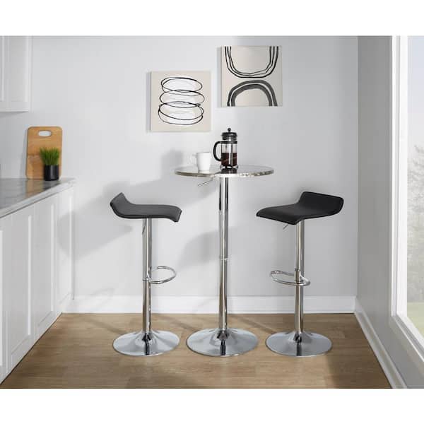 Bistro Round-Ale 3-Piece Chrome Metal, Black Faux Leather, and Silver Metal Top Bar Set