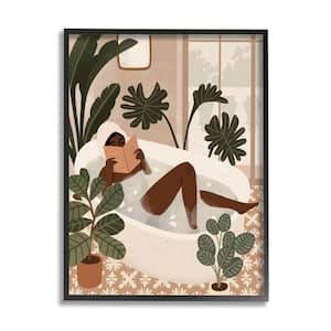 "Female Reading in Bath Tropical Palm Plants" by Victoria Barnes Framed Typography Wall Art Print 24 in. x 30 in.